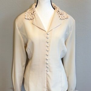 Vtg 80s Tess Cream Soutache Collar Blouse Victorian Coquette Academic Top